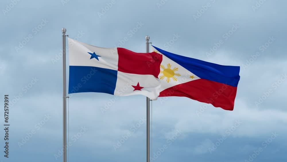 Philippines and Panama flag waving together on cloudy sky, endless seamless loop, two country cooperation concept Philippines and Panama flag waving together on cloudy sky, endless seamless loop, two country cooperation concept
