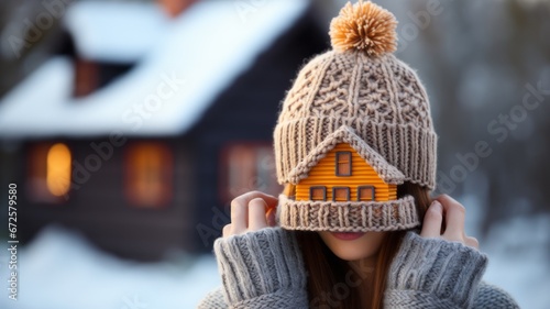 a woman with a knitted hat and a knitted house as an energy saving concept and for insulation and insulation concepts