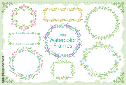 アロマに使われるハーブ・植物のイラスト・フレーム。水彩風ベクター素材