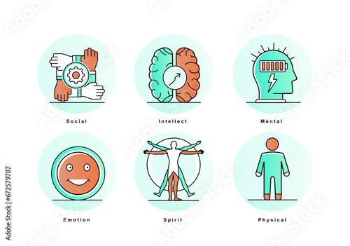 Set of 6 Icons. (Social, Intellectual, Spiritual, Positive, Mental, Emotional, Physical) 