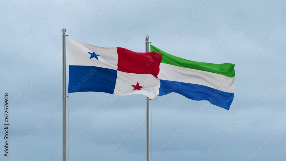 Sierra Leone or Salone and Panama flag waving together on cloudy sky, endless seamless loop, two country cooperation concept