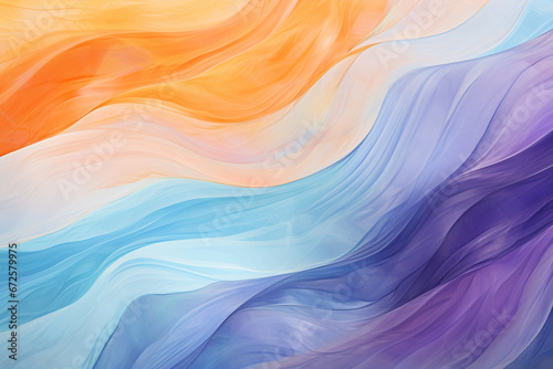 An Abstract Panoramic Wallpaper Background Featuring Pale Blue, Dark Purple, and Orange Swirling Lines on Cotton Saree Cloth Organic Batik Elegance © Asiri