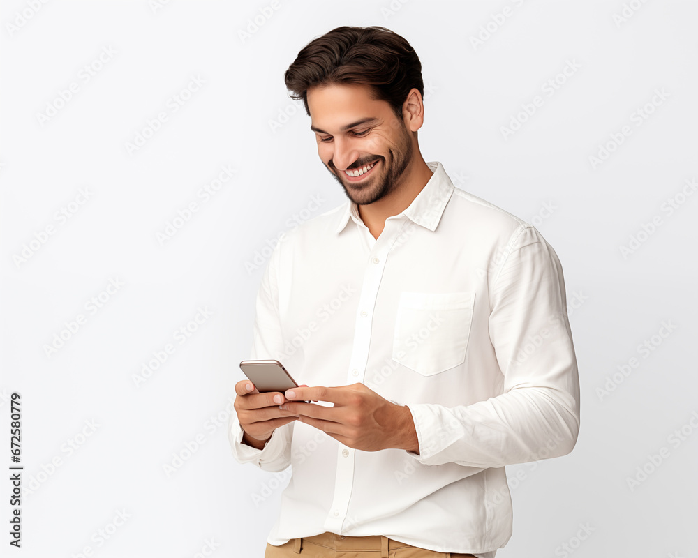 Smiling handsome young man in comfortable shirt browsing social media on mobile phone while standing on white background Smiling handsome young man in comfortable shirt browsing social media on mobile phone while standing on white background
