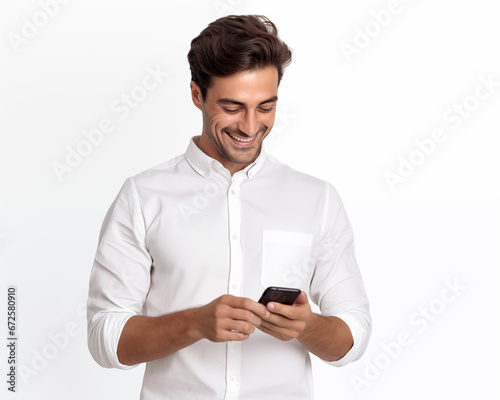 Smiling handsome young man in comfortable shirt browsing social media on mobile phone while standing on white background