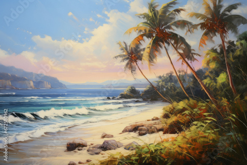 Beach with beautiful coastline. Color water is turquoise  white sand and green palm trees. Oil painting of paradise tropical island.