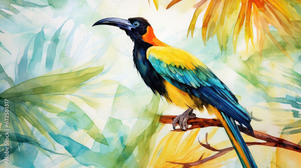 Fototapeta premium Tropical Bird-Of-Paradise Watercolor Seamless Pattern, Background Image, Hd