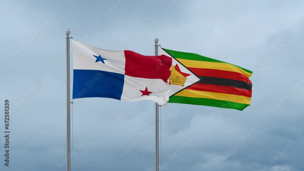 Zimbabwe and Panama flag waving together on cloudy sky, endless seamless loop, two country cooperation concept Zimbabwe and Panama flag waving together on cloudy sky, endless seamless loop, two country cooperation concept