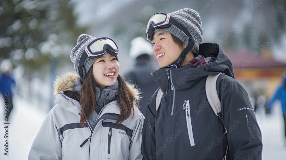 Happy asian Couple in Winter ski slope. Vacation in mountain resort Happy asian Couple in Winter ski slope. Vacation in mountain resort