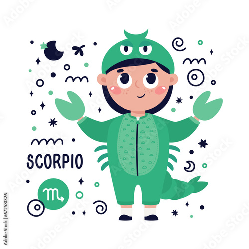 Colorful card with Scorpio zodiac sign. Kids characters with Astrological horoscope symbols. Hand drawn vector illustration in cartoon style with lettering