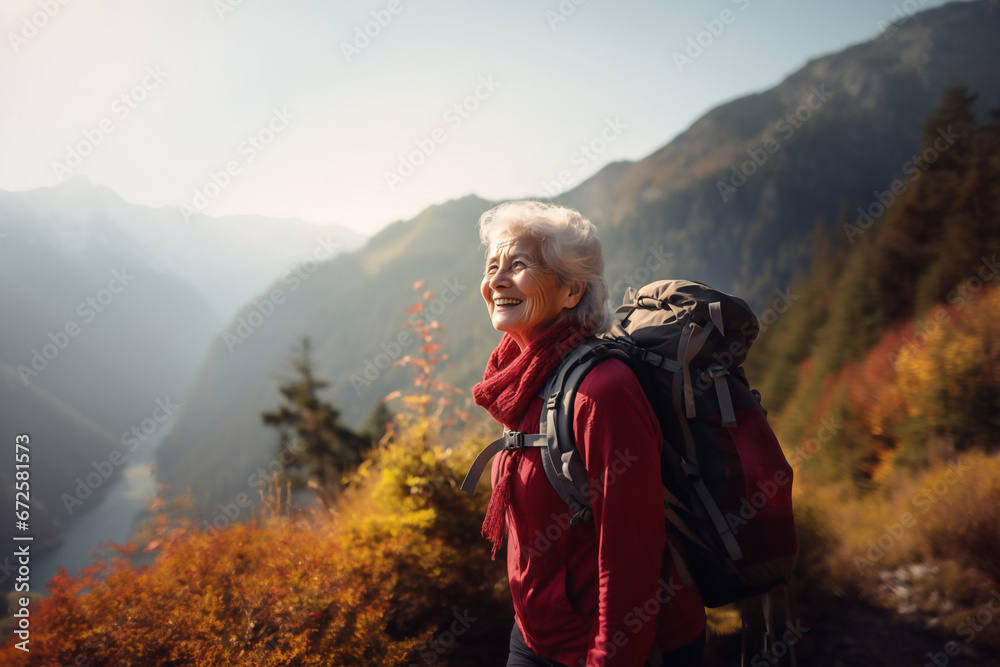 grandmother adult woman with gray hair, tourist on a hike in the mountains with a large backpack, laughs.Generative AI