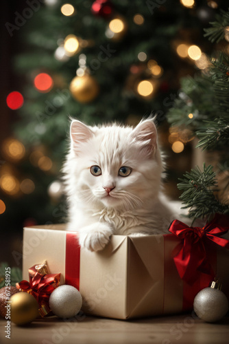 Cute white kitten sitting in Christmas box near tree. Adorable Christmas present. Holiday bright background. Christmas with pet concept.