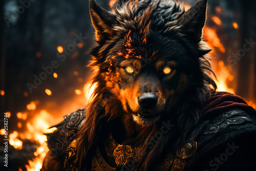 Mystical scandinavian beast wolf Fenrir. Fenrir start Ragnarok, North Mythology background, Generative AI photo