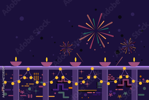 Illustration of lighted Diya, fireworks and illuminations. Concept for Diwali festival of India