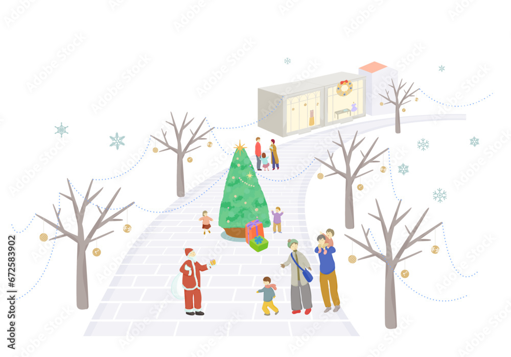 クリスマス用に飾り付けされた街で過ごす人々のベクターイラスト クリスマス用に飾り付けされた街で過ごす人々のベクターイラスト