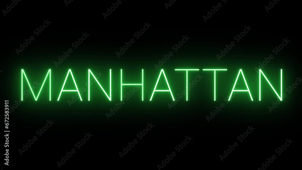Flickering neon green glowing manhattan sign animated black background. Flickering neon green glowing manhattan sign animated black background.