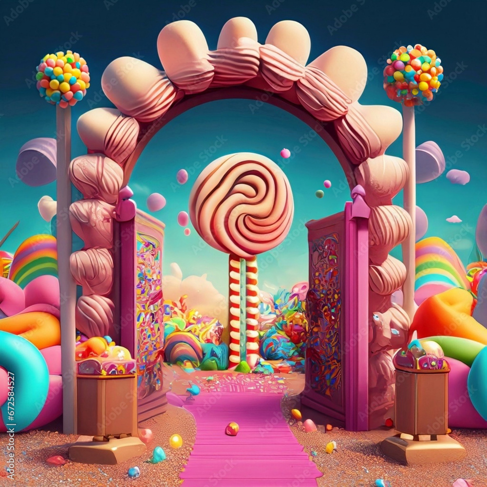 3D rendering of a beautiful arch with colorful lollipops and candies 3D rendering of a beautiful arch with colorful lollipops and candies