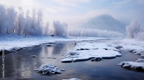 Generative AI image of a winter in a frozen river landscape and snow on the ground