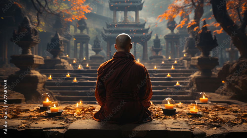 View From The Back Of A Monk Meditating In A Buddhist, Background Image, Hd - obrazy, fototapety, plakaty 