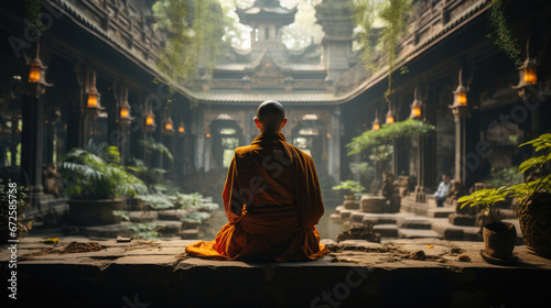 View From The Back Of A Monk Meditating In A Buddhist, Background Image, Hd