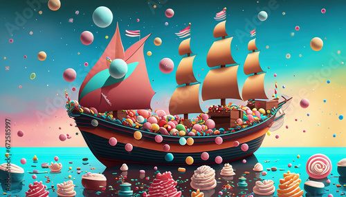 Illustration of a cartoon pirate ship with a lot of colorful candies