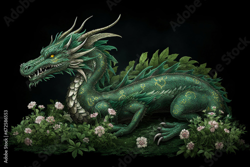 Green dragon in white roses
