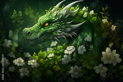 Green dragon in white roses © Рика Тс
