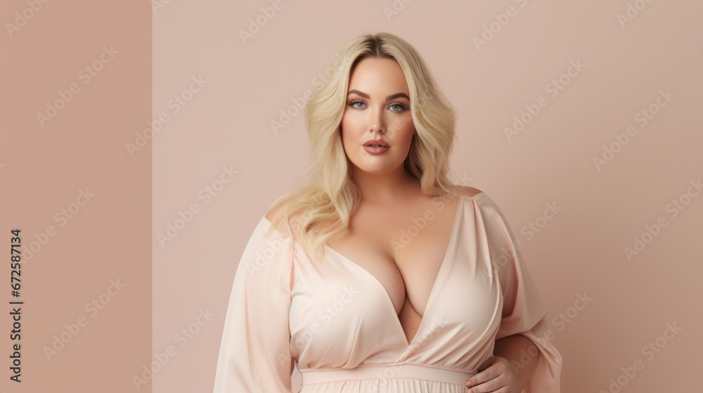 Excited luxury 40 yo plus size woman in front of beige studio background Excited luxury 40 yo plus size woman in front of beige studio background