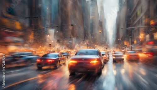 Busy Manhattan city street with cars and buildings. Blurred painting, creating a sense of motion and chaos. Painting is taken at dusk, with the street lights and car headlights creating a warm glow.