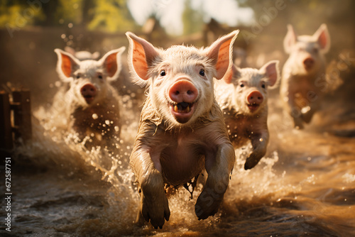 Pigs running through a mud puddle, pink piglet having fun, animals on the farm photo