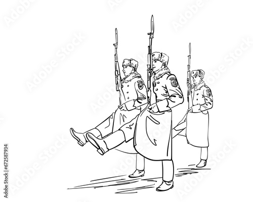 Russian honour guard in winter military uniform holding rifles with bayonets Vector line art sketch, Kremlin regiment soldiers marching in step hand drawn illustration