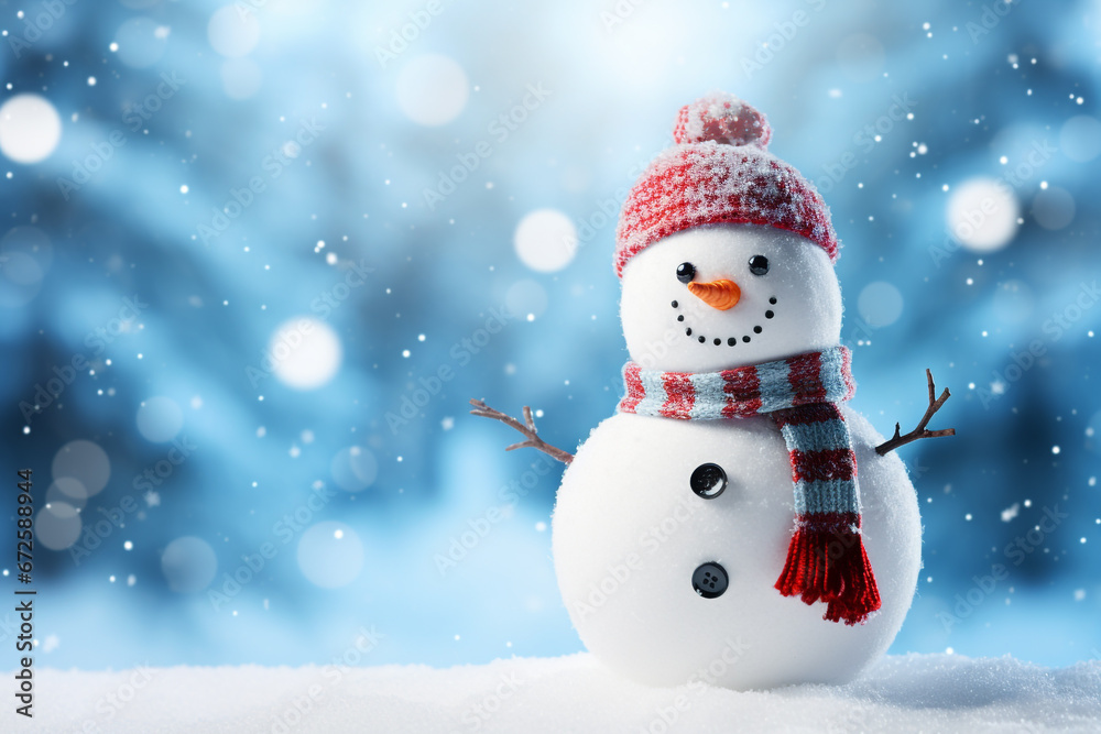 Snowman in winter with blurred background