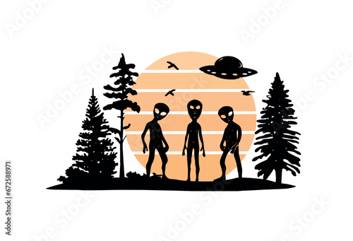 silhouette of ufo and forest vector. three aliens in the forest vector silhouette