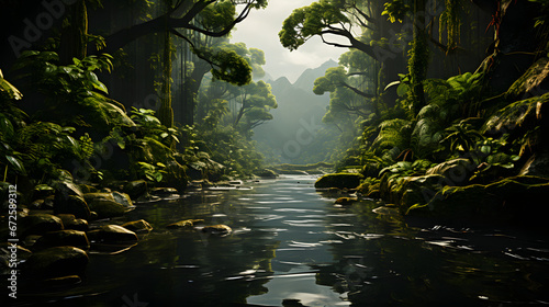 River meandering through the vibrant dense jungle. The sun is casting a glow on the crystal-clear water. Beauty of a tranquil rainforest with a natural waterway.
