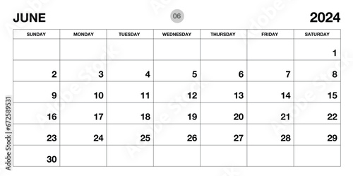 June 2024 year planner template, calendar 2024 template, monthly and yearly planners. organizer diary. week start Sunday, corporate planner template, Desk calendar 2024, Horizontal layout, vector