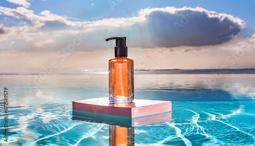 New naturalism concept, minimal background for branding and product presentation. Cosmetic bottle on glass podium on crystal water surface on tender sunset sky background. Ai generate. 