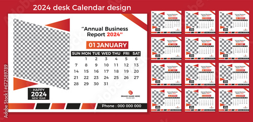 Set of 2024 Desk Calendar Planner Template For Use Office or Business.