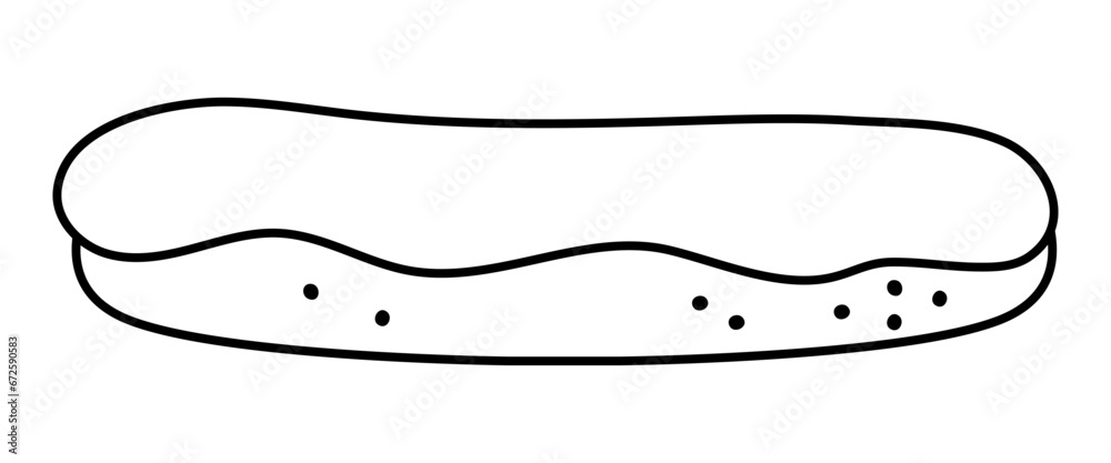 Eclair with chocolate icing top line icon. French dessert vector black and white illustration. Cake picture or coloring page. Eclair with chocolate icing top line icon. French dessert vector black and white illustration. Cake picture or coloring page.