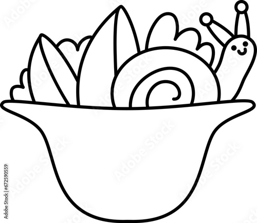 Vector black and white smiling snail and oysters in a plate. French traditional escargot dish line illustration or coloring page.