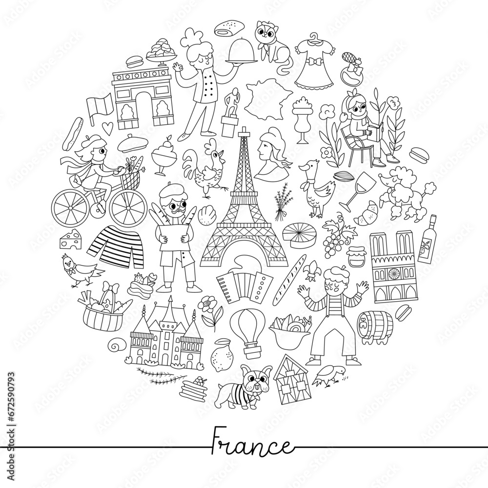 Vector black and white French round frame with people, animal, Eiffel tower, traditional symbol. Touristic France card template for banners, invitations. Cute line illustration or coloring page .