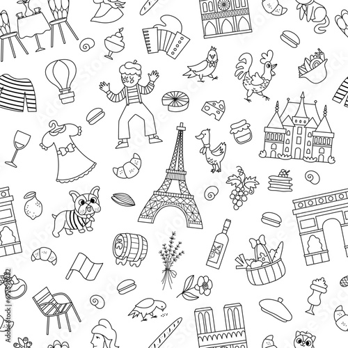 France symbols black and white vector seamless pattern. Repeating line background with French sights, food, Eiffel tower, animals, baguette, croissant. Cute Paris digital paper or coloring page.