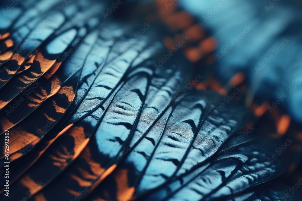 Close up of blue and yellow butterfliy wing. Macro close up
