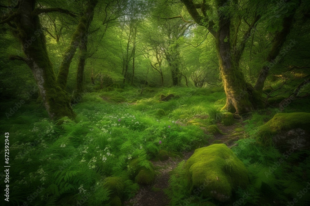 Enchanting woodland scene with lush greenery. Generative AI