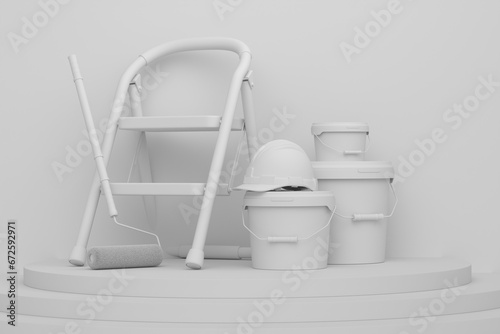 Abstract scene with folding ladder, bucket and paint roller on monochrome