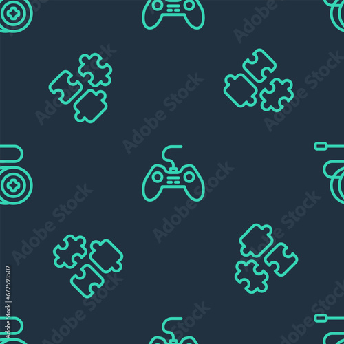 Set line Gamepad, Puzzle pieces toy and Yoyo on seamless pattern. Vector