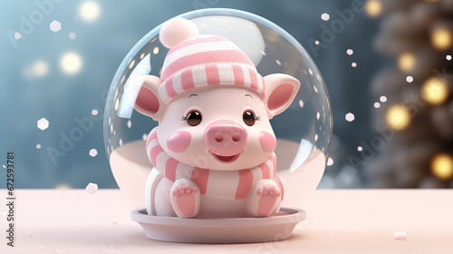 Christmas globe with cartoon pig inside photo