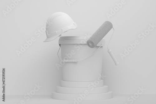 Abstract scene with safety helmet, bucket with paint rollers on monochrome