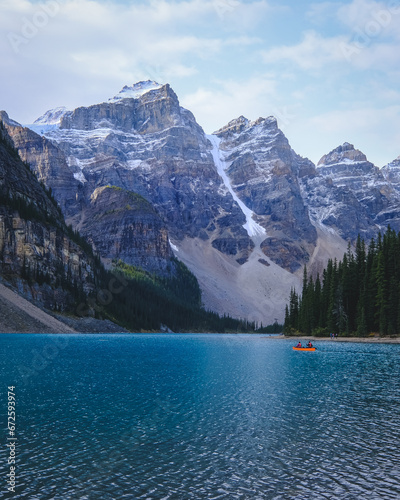 Lake moraine in the morning, a quiet place with a serene, light and noiseless atmosphere. Alberta, Canada