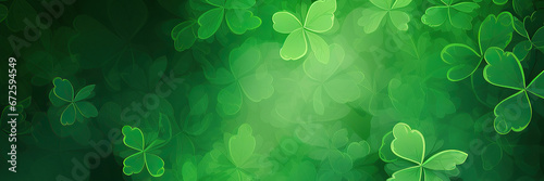 St. Patrick's Day abstract background with green shamrock leaves. Patrick Day banner for party celebrating, copy space.