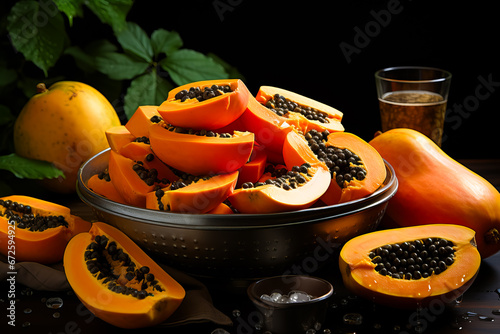 Plate with fresh juicy cut papayas on wooden table. tropical fruit. space for text photo