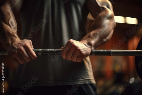 Close-Up of Muscular Man Lifting Barbell on Bench at Gym
